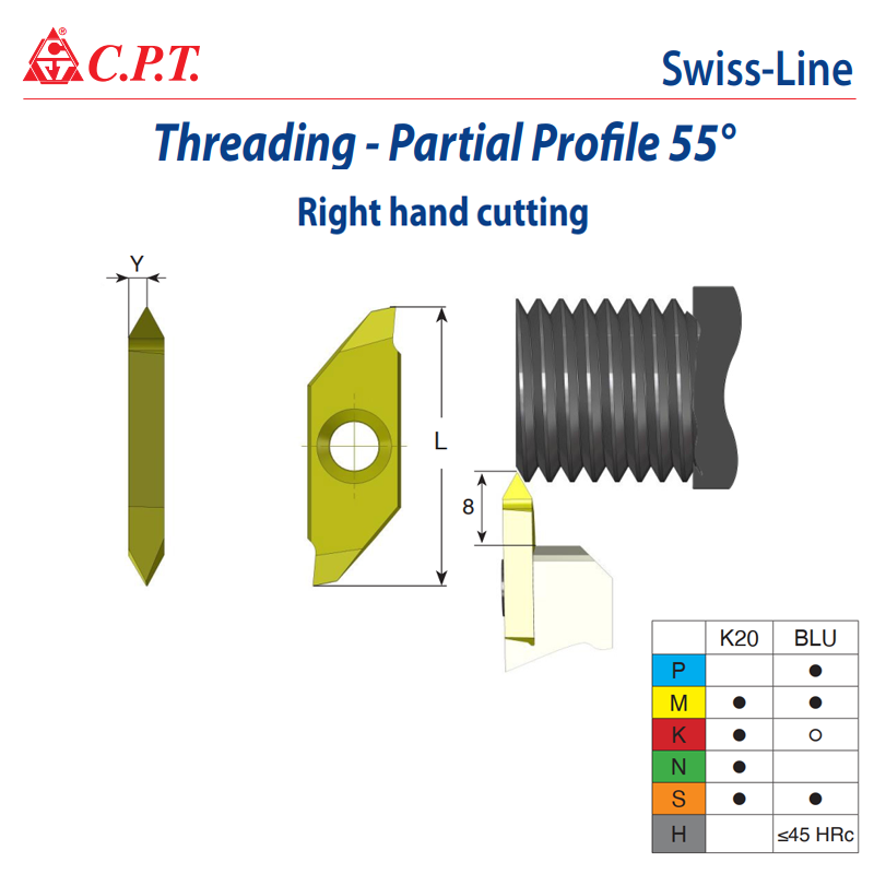 Mảnh Tiện Ren Partial Profile 55 2 Lưỡi Cắt L25 GT25 Swiss Line CPT