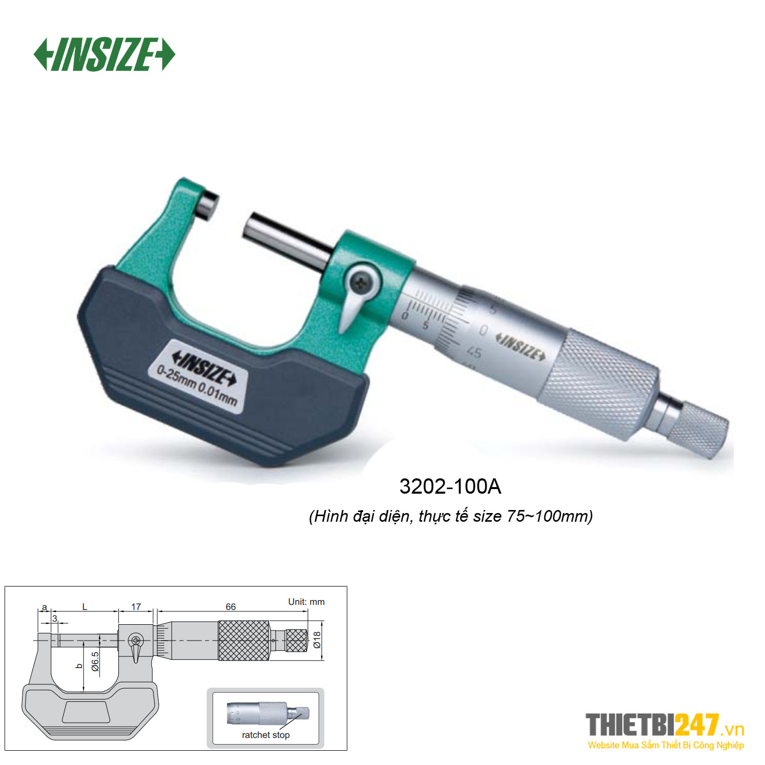 Panme đo ngoài cơ khí Insize 3202-100A 75~100mm 0.01mm