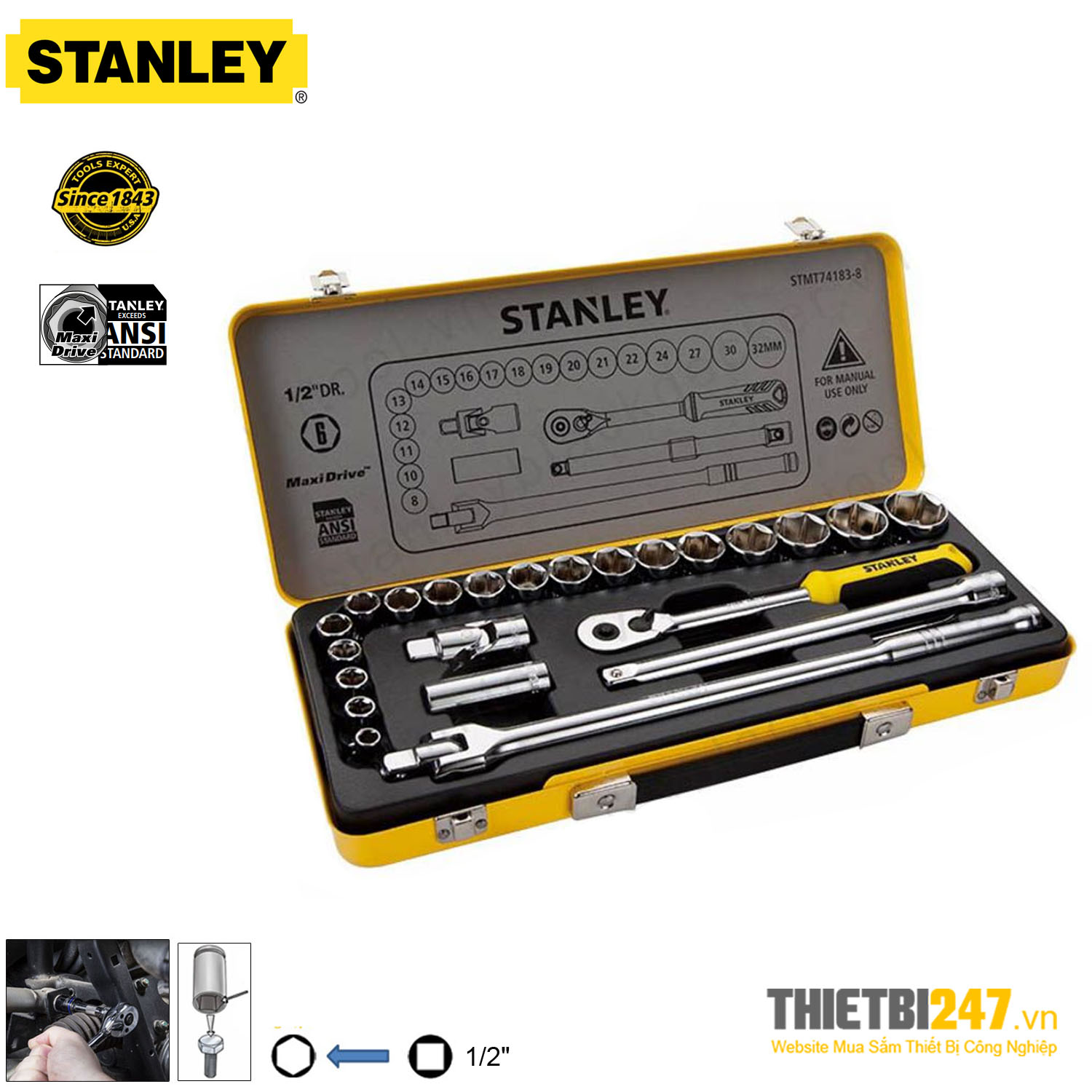 Bộ tuýp 1/2" Dr. Stanley STMT74183-8 24 chi tiết 8~32mm hộp sắt