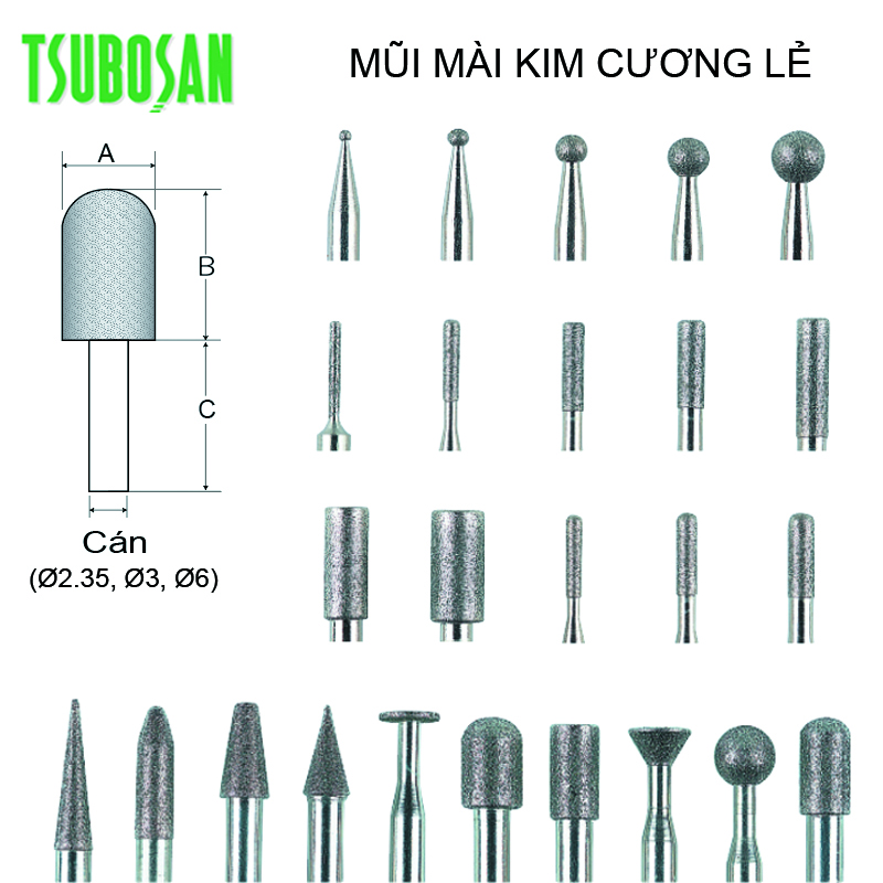 Mũi Mài Kim Cương Cán 2.35mm Lẻ Tsubosan